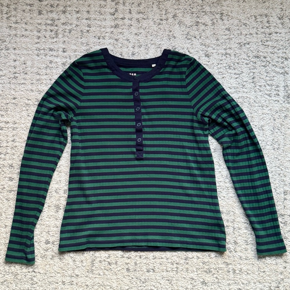 Boden Long Sleeve Green and Blue Striped Knit Henley Shirt - Size 14